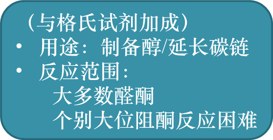 

（与格氏试剂加成）
用途：制备醇/延长碳链
反应范围：
大多数醛酮个别大位阻酮反应困难

